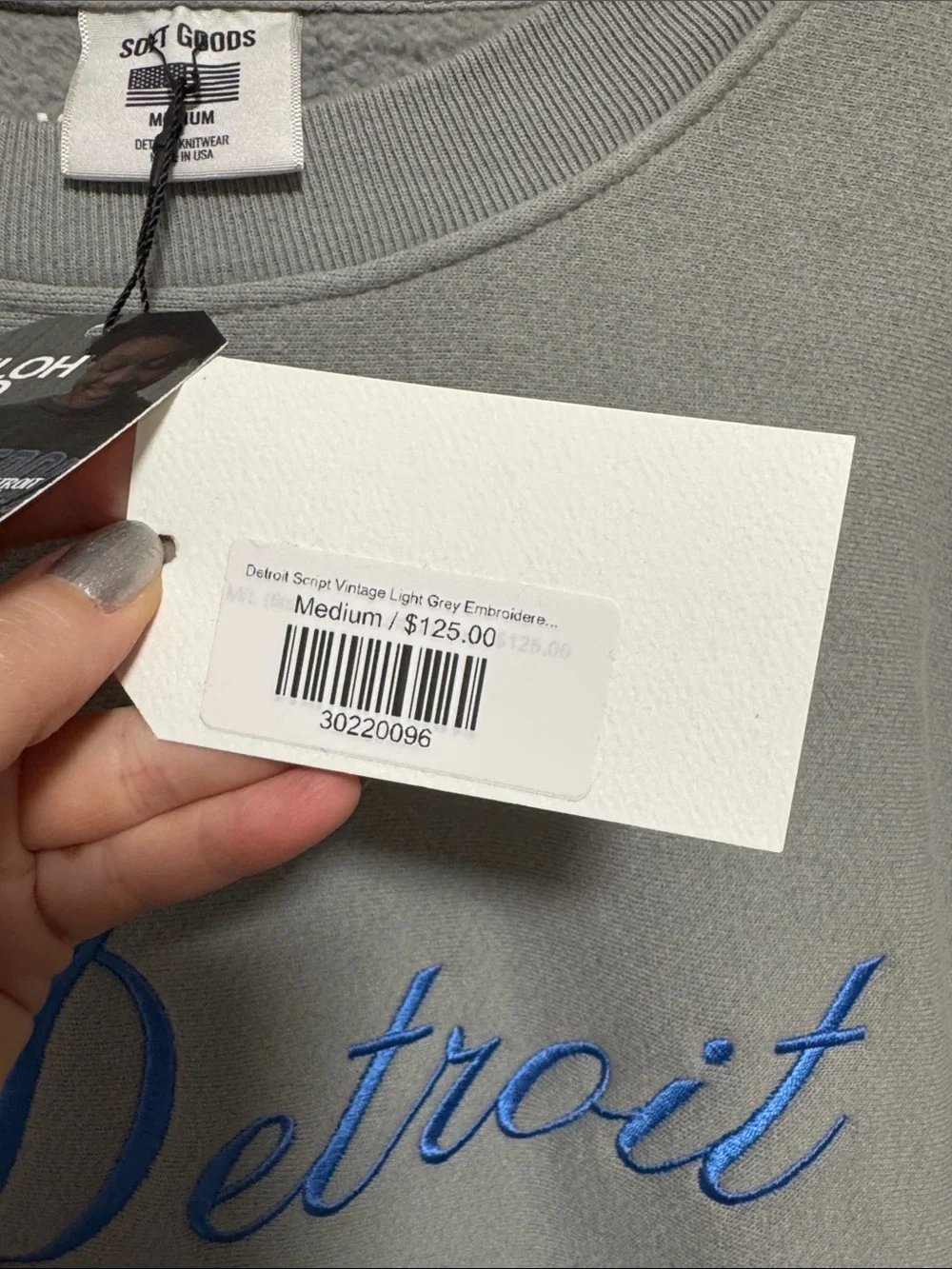 Grey 'Detroit' Embroidered Crewneck Sweatshirt with Blue Script - Picture 5 of 9